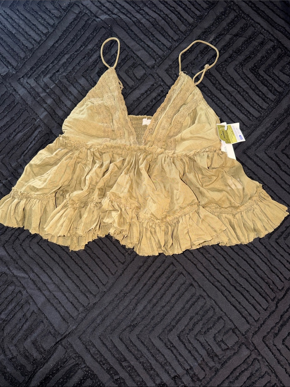 Light Olive Ruffled Lace Trim Sleeveless Peplum Top